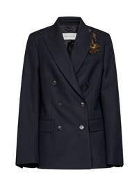 Dries Van Noten Women Navy Blue Chevron Wool Barrysta Embroidered Blazer