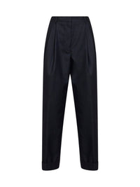 Dries Van Noten Women Navy Blue Chevron Wool Pantan Double-Pleated Trousers