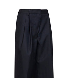 Dries Van Noten Women Navy Blue Chevron Wool Pantan Double-Pleated Trousers