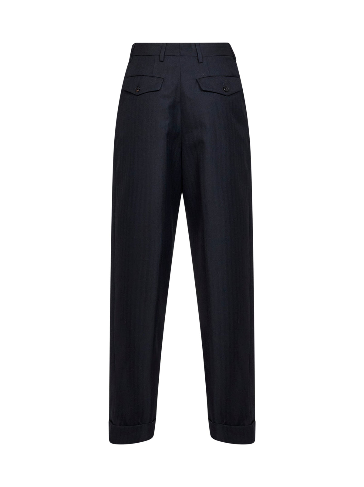 Dries Van Noten Women Navy Blue Chevron Wool Pantan Double-Pleated Trousers