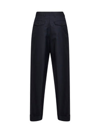 Dries Van Noten Women Navy Blue Chevron Wool Pantan Double-Pleated Trousers