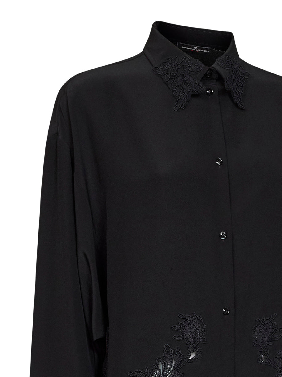 Ermanno Scervino Women Black Silk Crêpe De Chine Shirt With Lace Embroidery