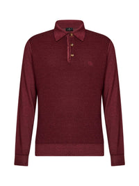 Etro Men Burgundy Two-Tone Wool Knit Logo-Embroidered Polo Shirt