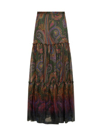 Etro Women Green Paisley-Printed Silk Chiffon Tiered Maxi Skirt