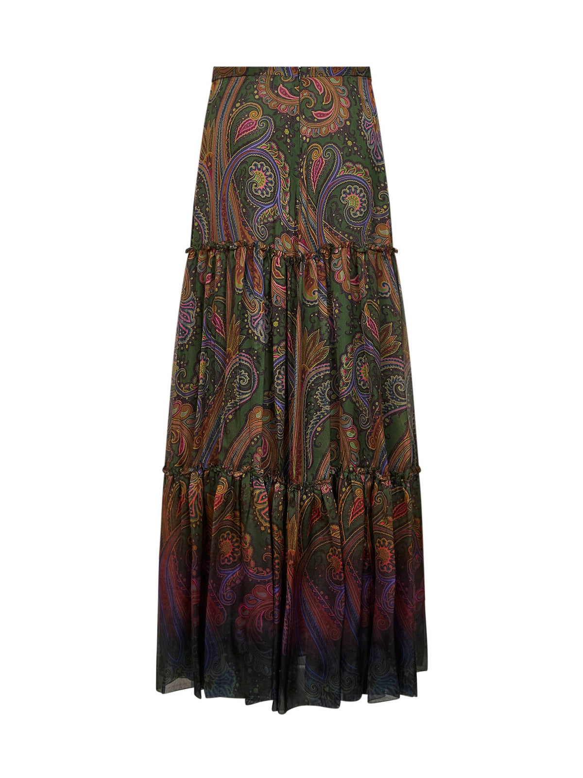 Etro Women Green Paisley-Printed Silk Chiffon Tiered Maxi Skirt
