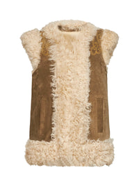 Etro Women Camel Shearling Vest With Peacock Embroidery