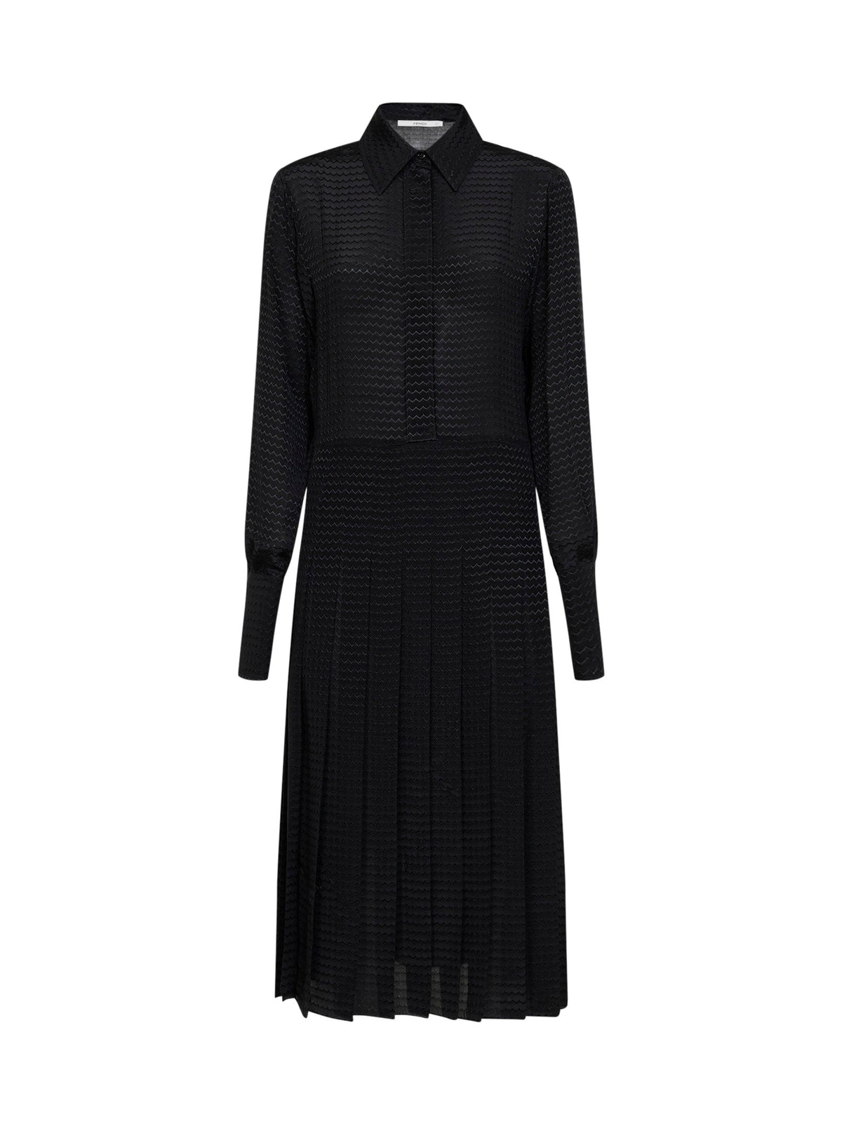 Fendi Women Black Zigzag Pleated Jacquard Silk Midi Dress