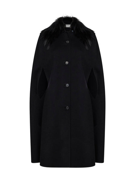Fendi Women Black Double-Sided Wool-Blend Cape With Fox Fur Collar