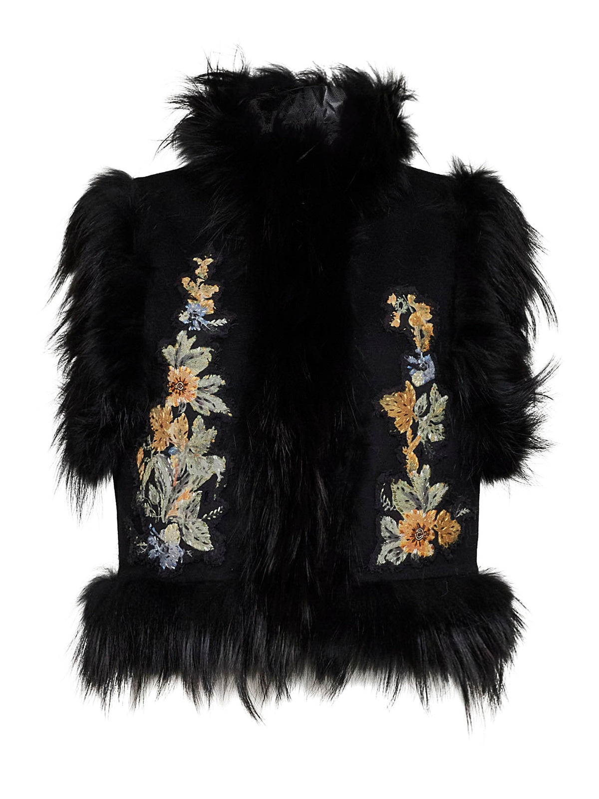 Fendi Women Black Wool Vest With Embroidery And Fox Fur Trims