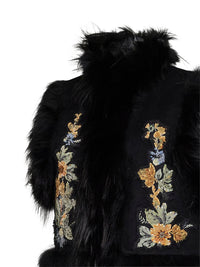 Fendi Women Black Wool Vest With Embroidery And Fox Fur Trims