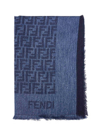 Fendi Silk Women Denim Blue Cotton And Wool Ff Shawl