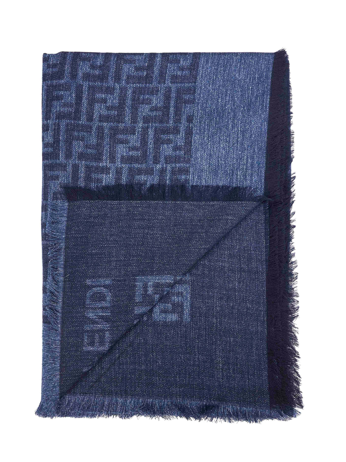 Fendi Silk Women Denim Blue Cotton And Wool Ff Shawl