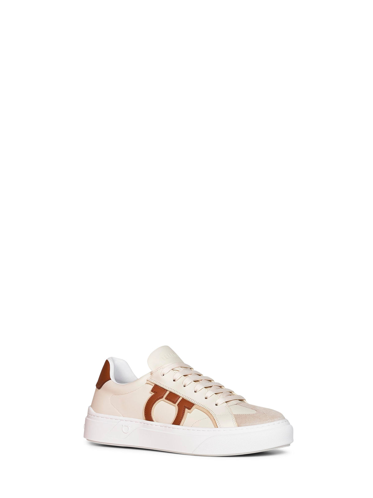 Ferragamo Men Sand And Mascarpone Cream Calf Leather Gancini Sneakers
