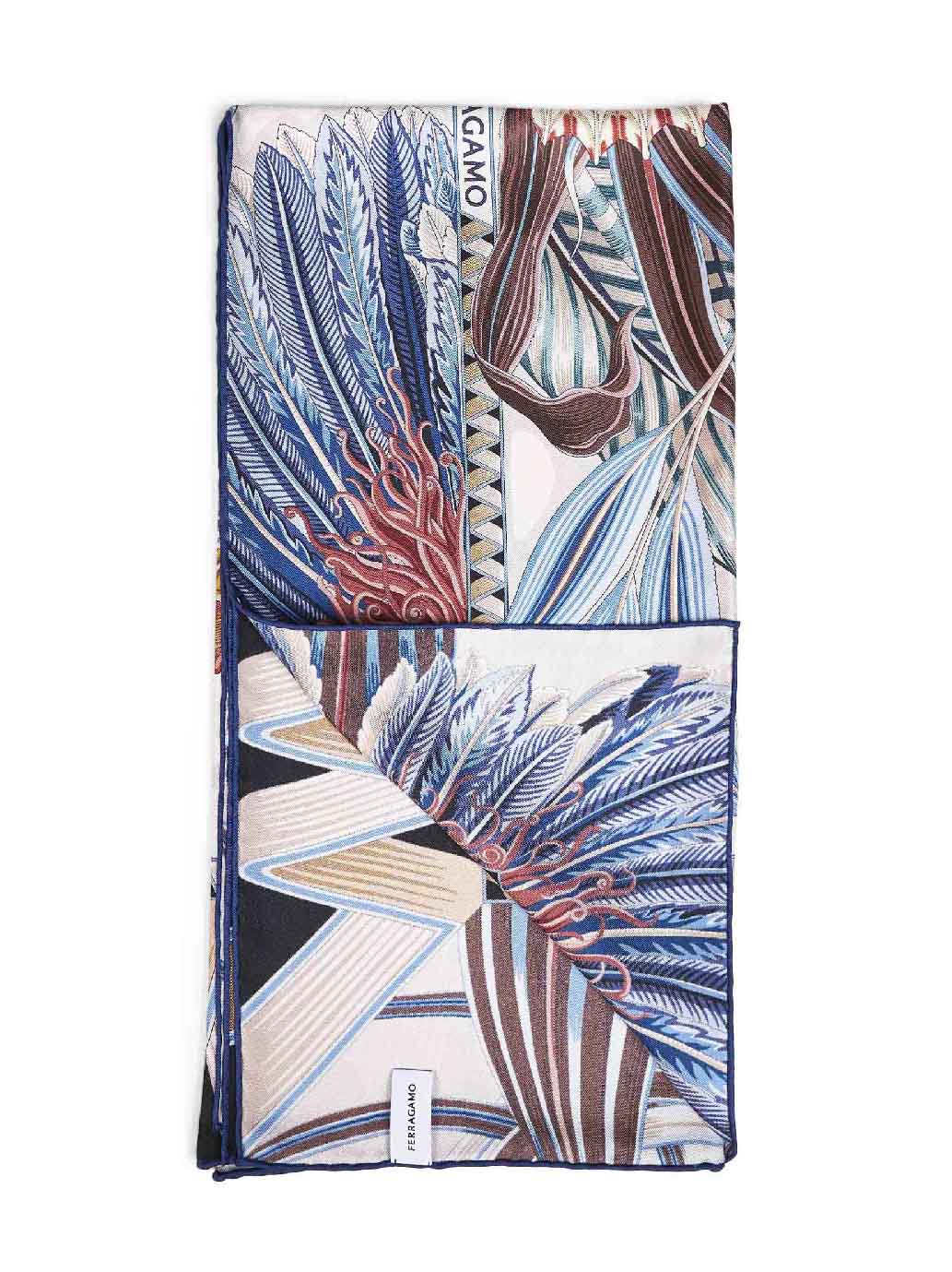 Ferragamo Women Ivory And Blue Fiori E Farfalle-Print Silk Scarf