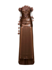 Giuseppe Di Morabito Women Bronze Waxed Fabric Long Gathered Dress With 3D Flowers