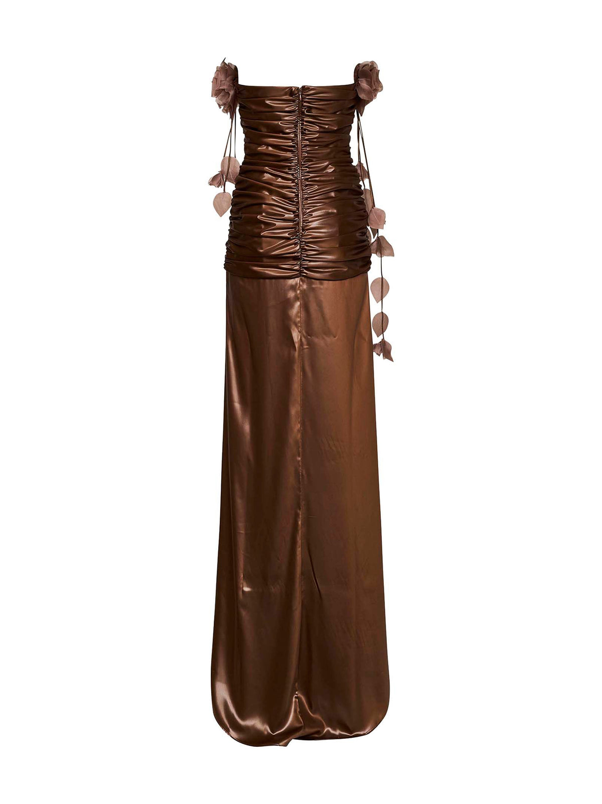 Giuseppe Di Morabito Women Bronze Waxed Fabric Long Gathered Dress With 3D Flowers
