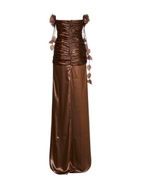 Giuseppe Di Morabito Women Bronze Waxed Fabric Long Gathered Dress With 3D Flowers