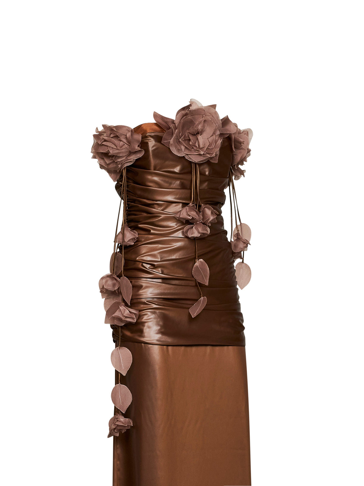 Giuseppe Di Morabito Women Bronze Waxed Fabric Long Gathered Dress With 3D Flowers