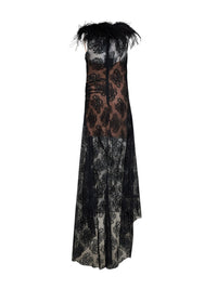 Giuseppe Di Morabito Women Black Lace Long Dress With Feather Trim
