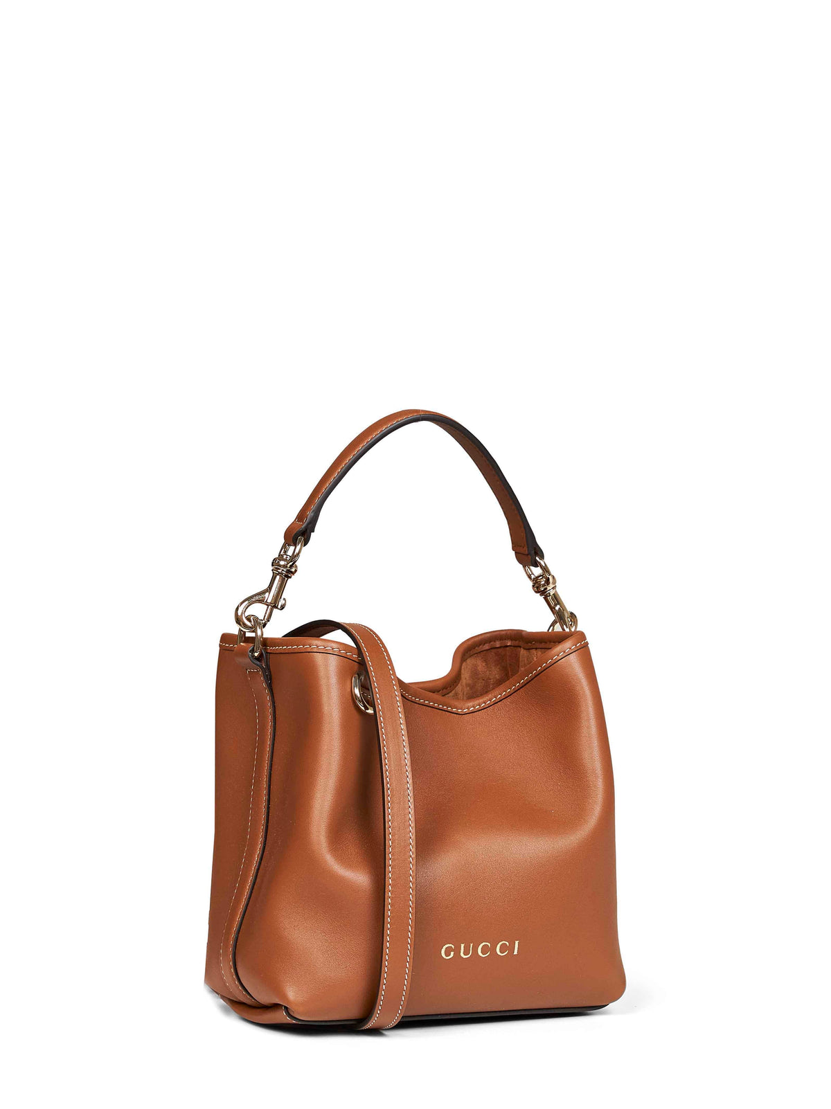 Gucci Women Brown Leather Logo Bucket Bag<Br/>