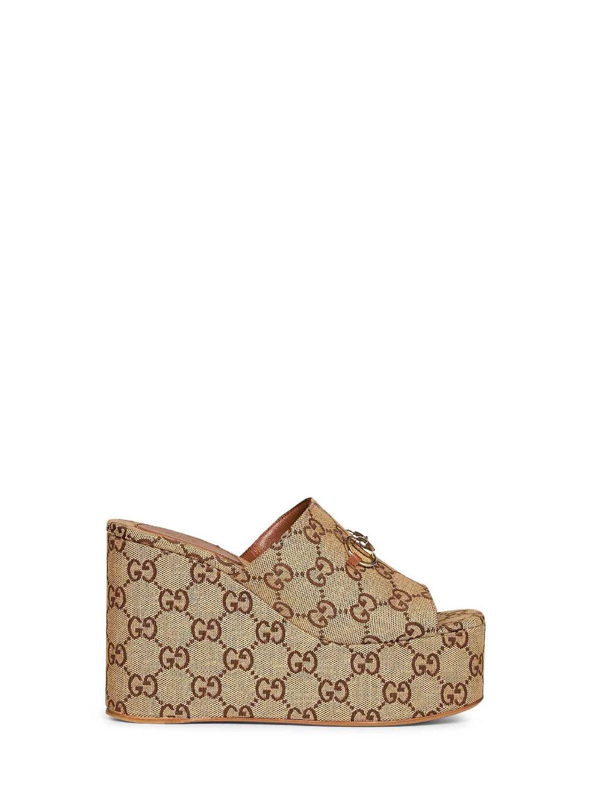 Gucci Women Beige And Dark Brown Horsebit Wedge Sandals