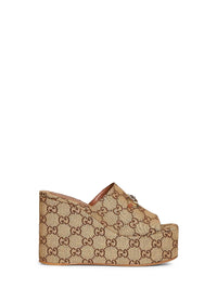 Gucci Women Beige And Dark Brown Horsebit Wedge Sandals