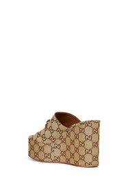 Gucci Women Beige And Dark Brown Horsebit Wedge Sandals