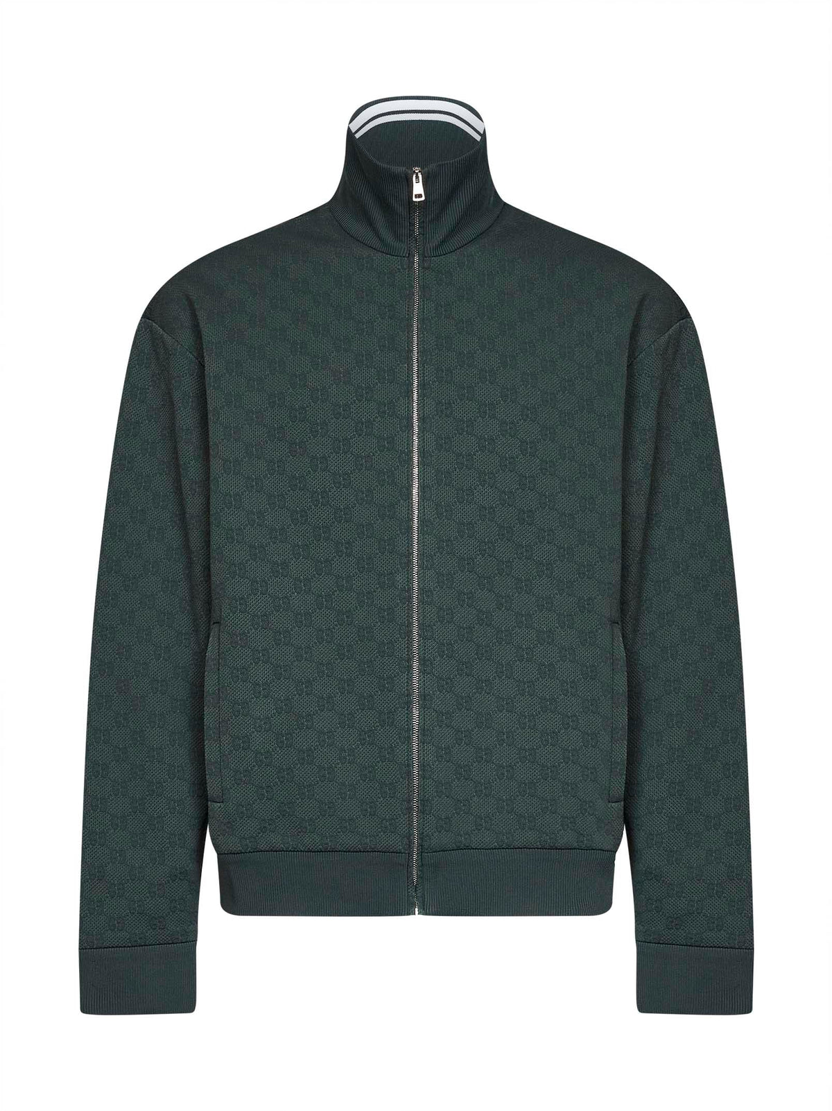 Gucci Men Dark Green Technical Gg Jersey Zipped Tracktop