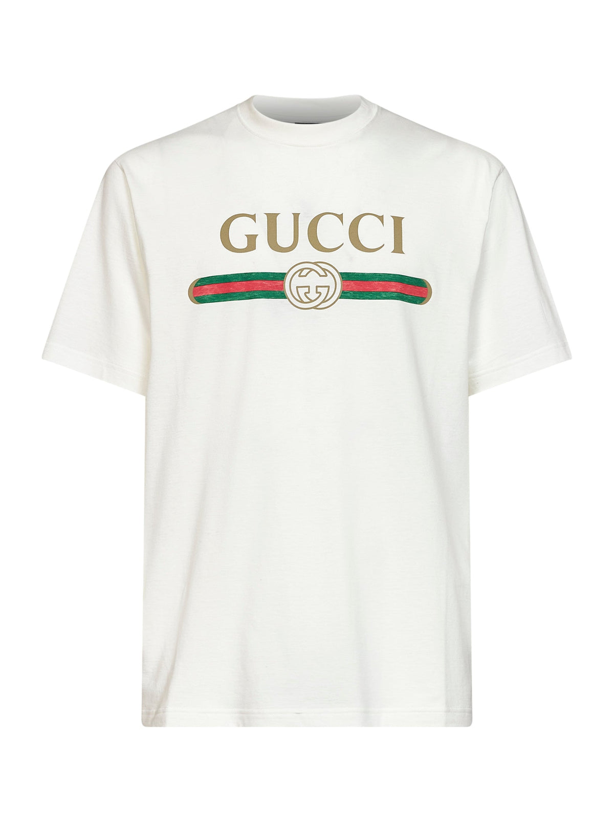 Gucci Men Chalk Printed Silk Blend Jersey T-Shirt