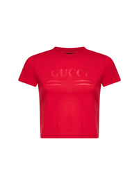 Gucci Women Red Jersey Cropped T-Shirt With Devoré Detail