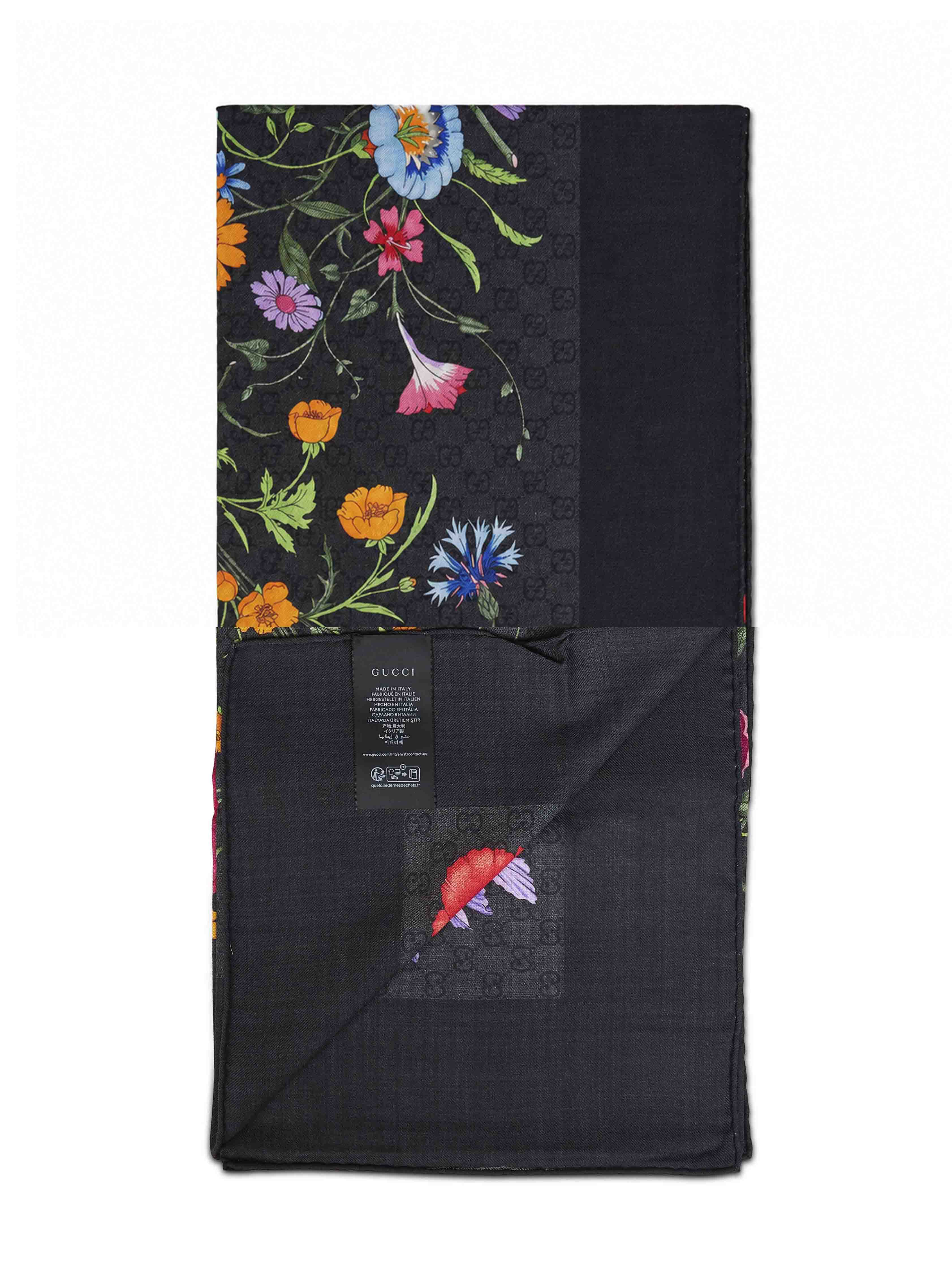 Gucci Women Black Floral Print Wool And Silk Scarf – Bluefly