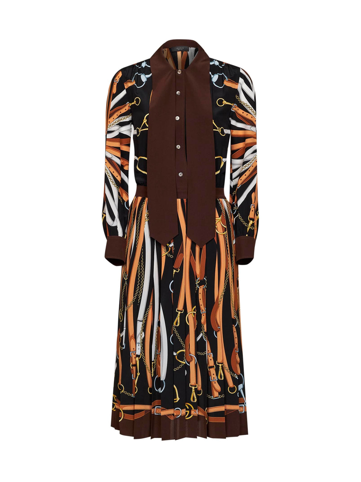 Gucci Women Black And Brown Printed Silk Midi Shirt Dress