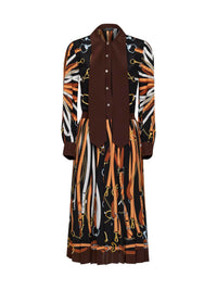Gucci Women Black And Brown Printed Silk Midi Shirt Dress