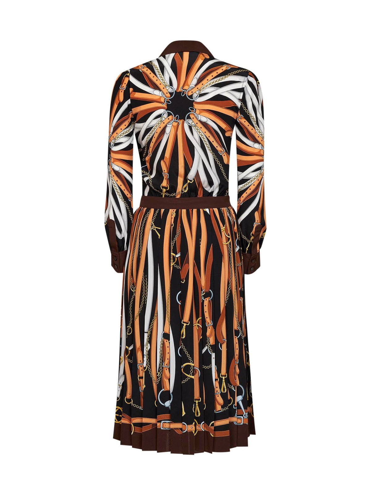 Gucci Women Black And Brown Printed Silk Midi Shirt Dress