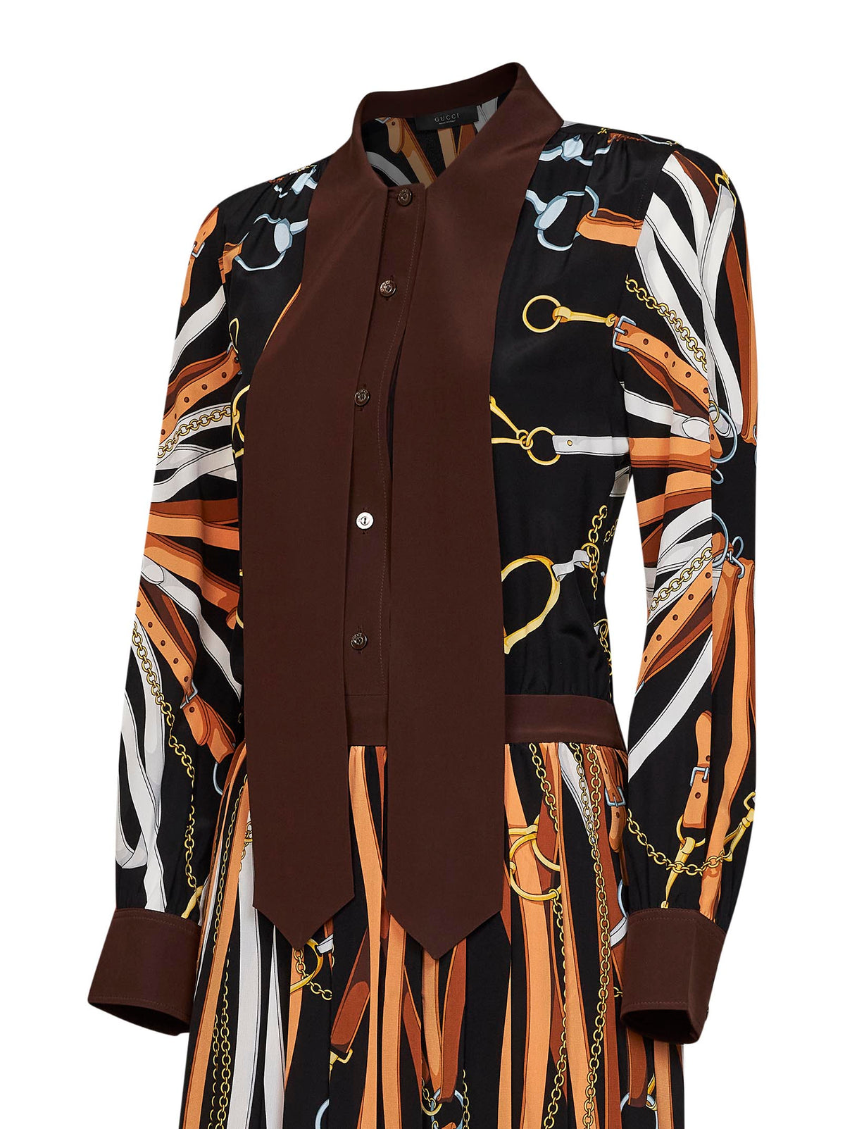 Gucci Women Black And Brown Printed Silk Midi Shirt Dress