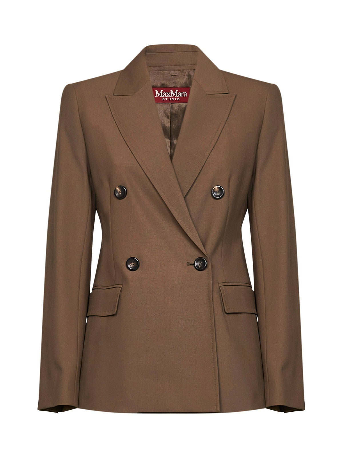 Max Mara Studio Women Khaki Stretch Twill Mstgioiosa Double-Breasted Blazer