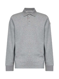 Moncler Men Charcoal Grey Cotton Piqué Long-Sleeved Polo Shirt With Logo