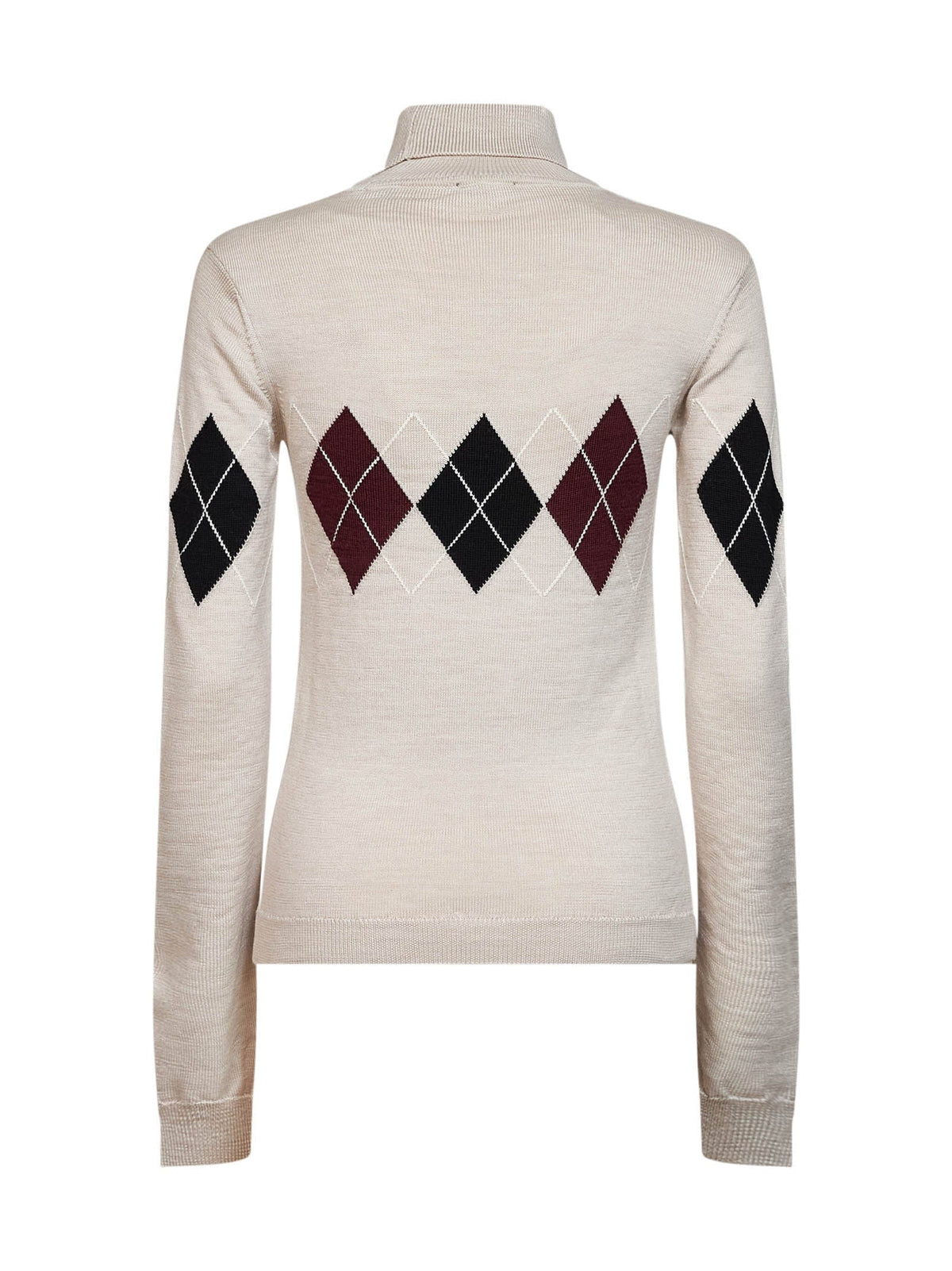 Mugler Women Beige Argyle-Pattern Virgin Wool Knit Turtleneck Sweater