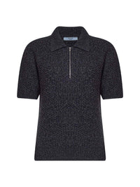 Prada Abbigliamento Women Dark Brown And Slate Grey Textured Melange Knit Polo Shirt