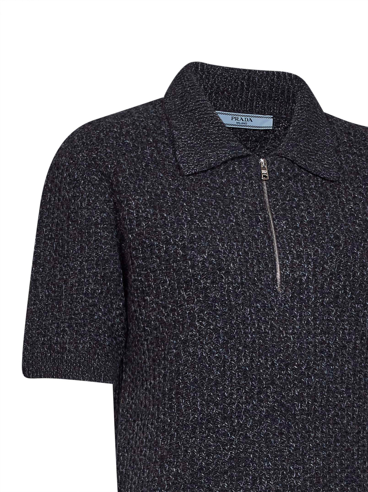 Prada Abbigliamento Women Dark Brown And Slate Grey Textured Melange Knit Polo Shirt
