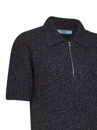 Prada Abbigliamento Women Dark Brown And Slate Grey Textured Melange Knit Polo Shirt