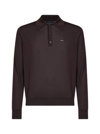 Prada Abbigliamento Men Dark Brown Combed Wool Long-Sleeved Polo Shirt