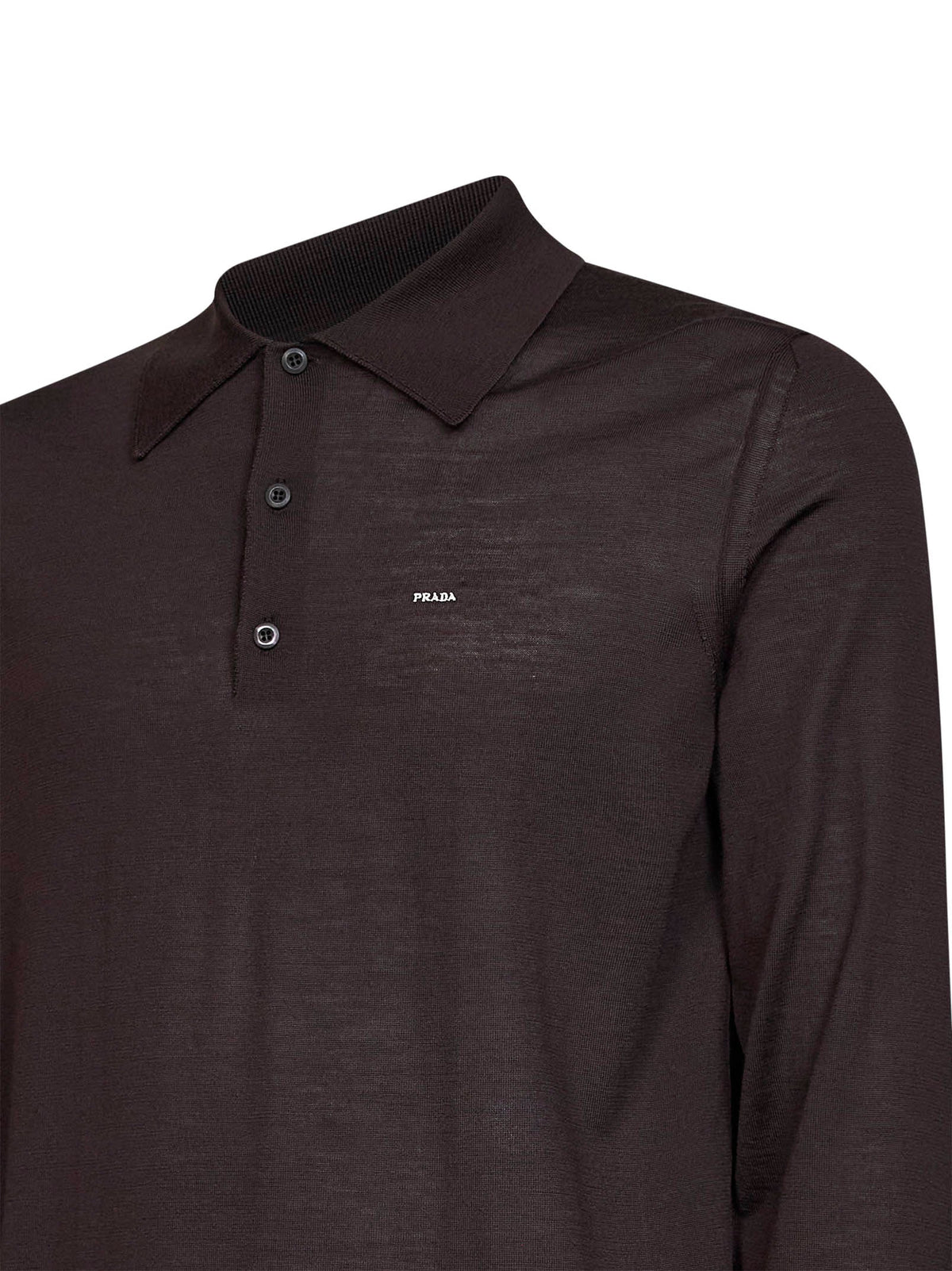 Prada Abbigliamento Men Dark Brown Combed Wool Long-Sleeved Polo Shirt