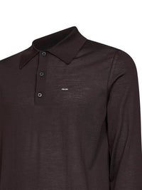 Prada Abbigliamento Men Dark Brown Combed Wool Long-Sleeved Polo Shirt
