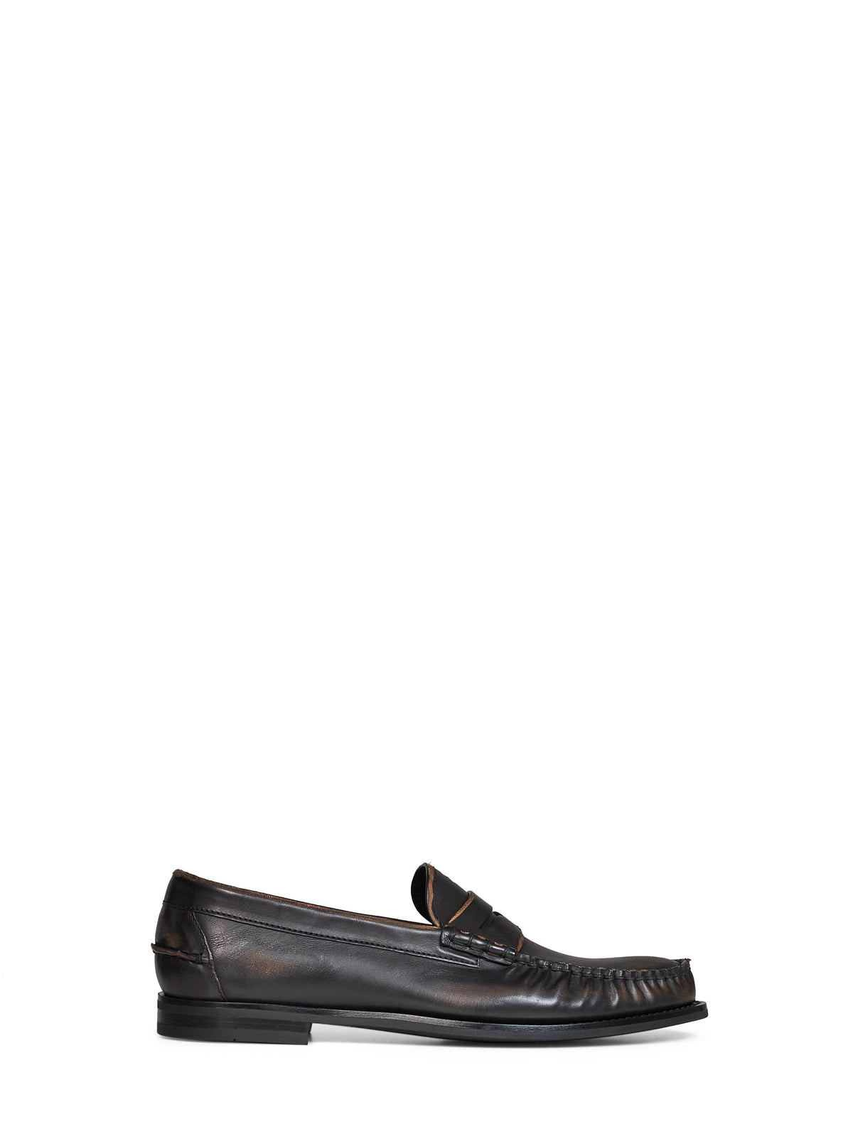 Prada Calzature Men Black/Tan Antiqued Leather Loafers