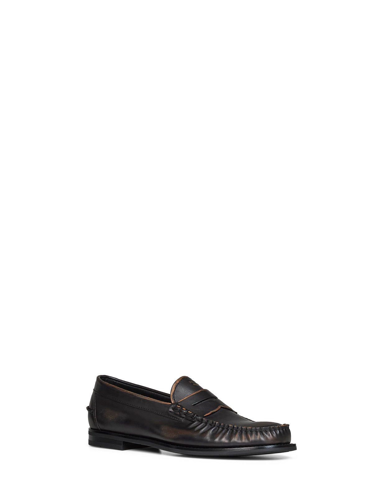Prada Calzature Men Black/Tan Antiqued Leather Loafers