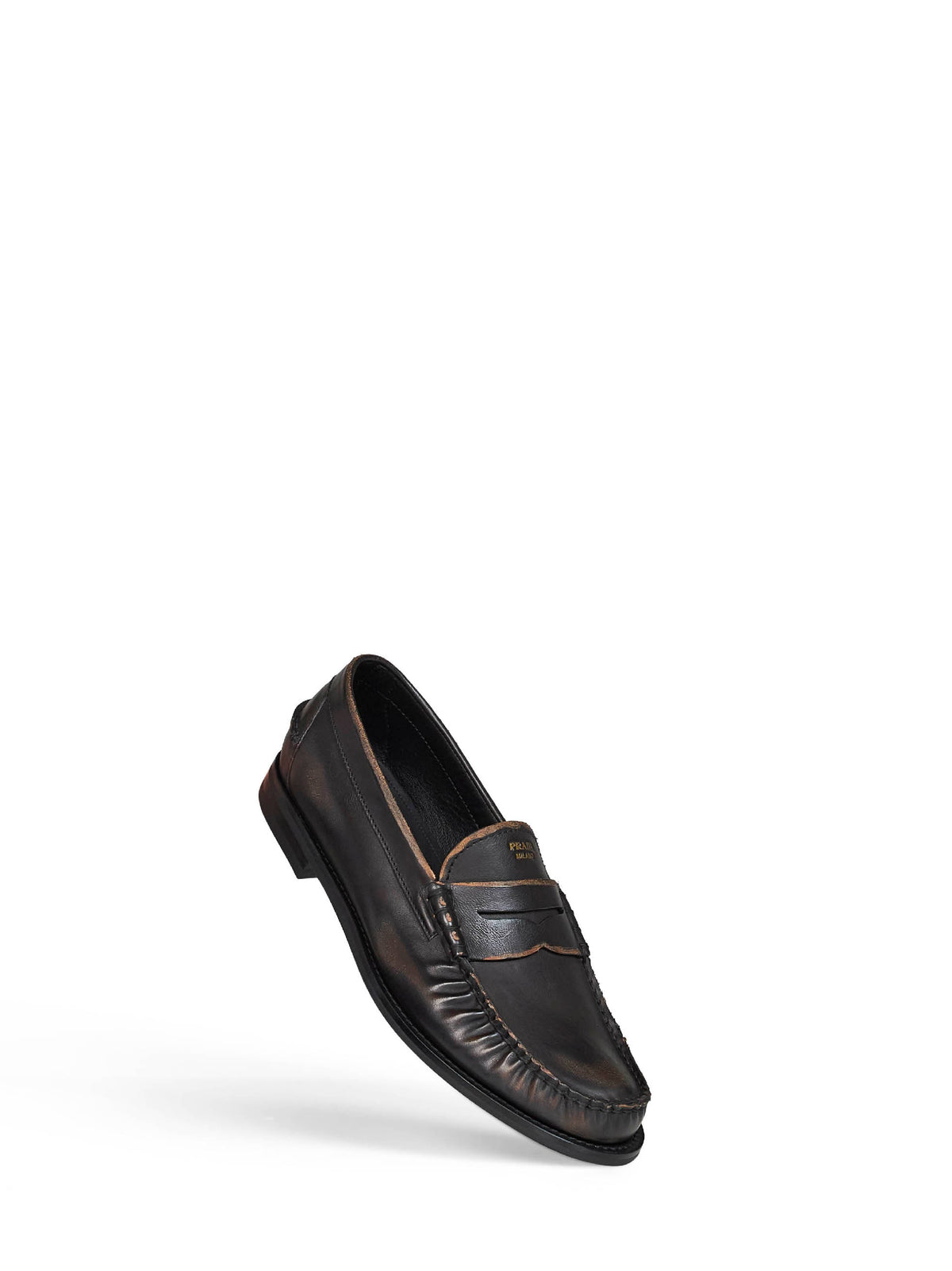 Prada Calzature Men Black/Tan Antiqued Leather Loafers