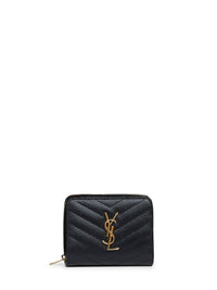 Saint Laurent Women Black Leather Cassandre Compact Zip Around Wallet