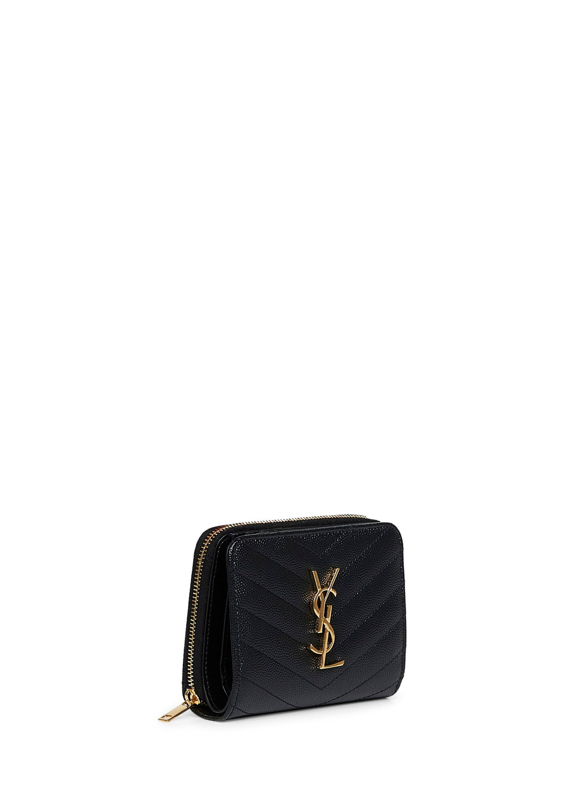 Saint Laurent Women Black Leather Cassandre Compact Zip Around Wallet