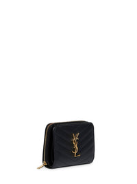 Saint Laurent Women Black Leather Cassandre Compact Zip Around Wallet